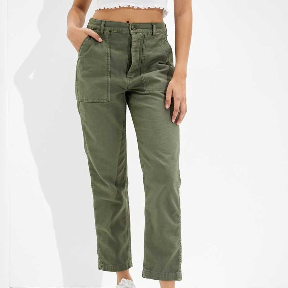 AE Highest Waist '90s Boyfriend Pant High Waisted Utility Pants Olive Drab Green